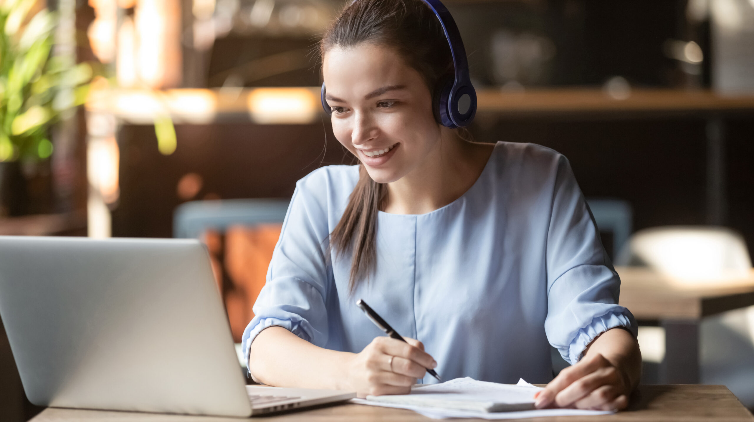 Smiling Girl Student Wear Wireless Headphone